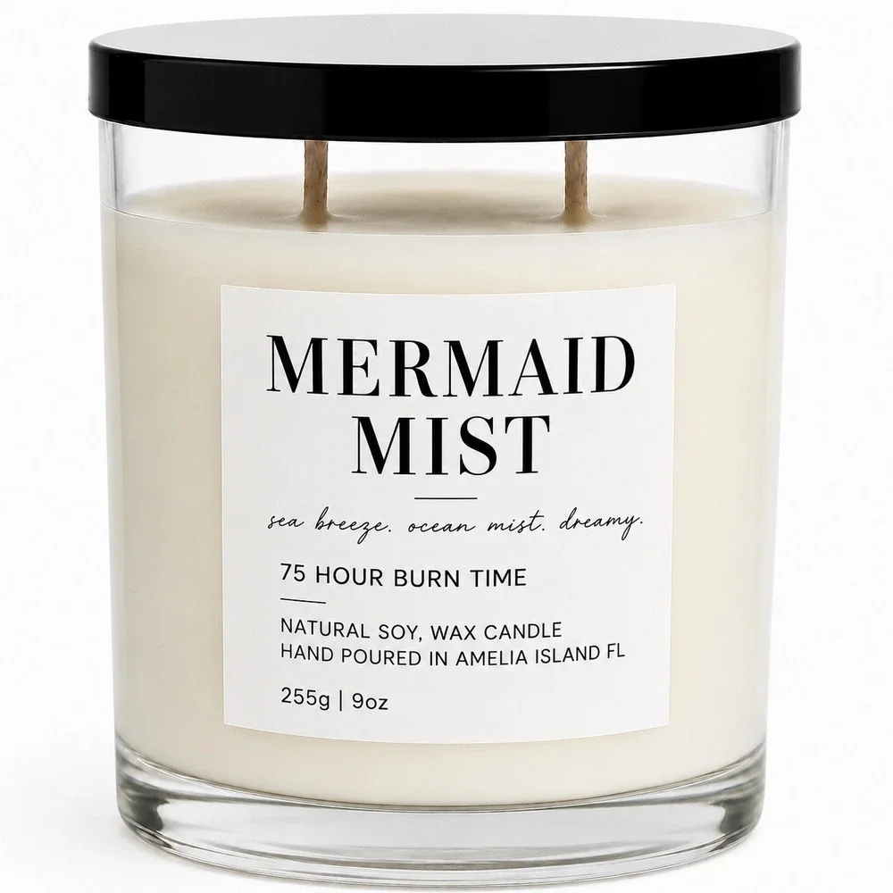Mermaid Mist Natural Soy Wax Candle 9oz 75 Hour Burn Time Hand Poured Florida